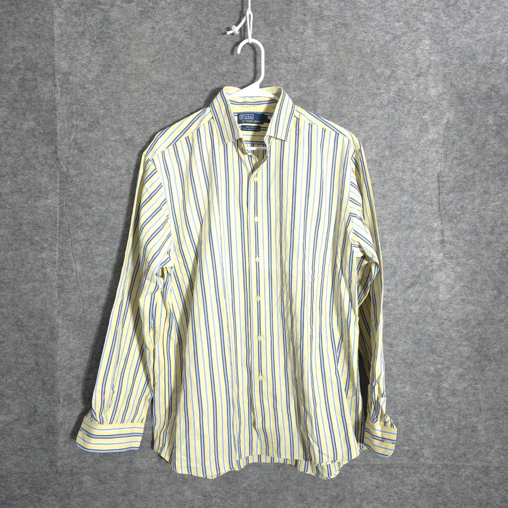 Polo Ralph Lauren Westerton Mens L Yellow Blue Striped Cotton Long Sleeve Shirt